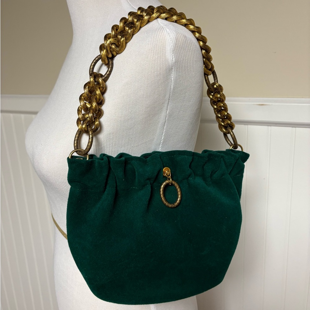 Vintage 80s Green Velvet Bag with Chunky Gold Chain
